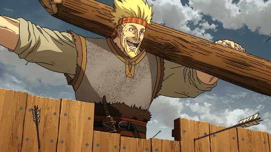 Imagem animada de Thorkell, um dos personagens mais fortes do anime, na imagem ele se encontra segurando um tronco de arvore apenas com um braço